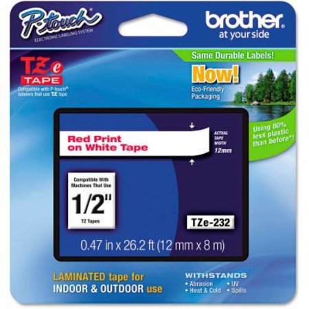 BROTHER INTERNATIONAL Brother P-Touch TZe Labeling Tape, 1/2inW, Red on White TZE232